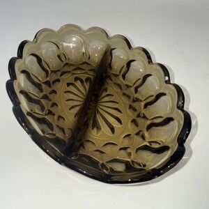 Vtg Anchor Glass Oval Brown Divided Dish Starburst Pattern Scalloped Edge 7X5 In